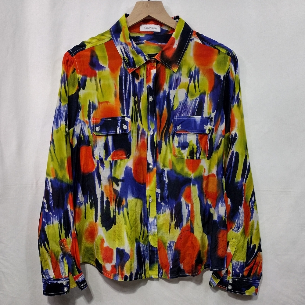 Calvin Klein Roll Tab Sleeve Silk Blend Shirt Womens XL Multicolor Artsy Rainbow